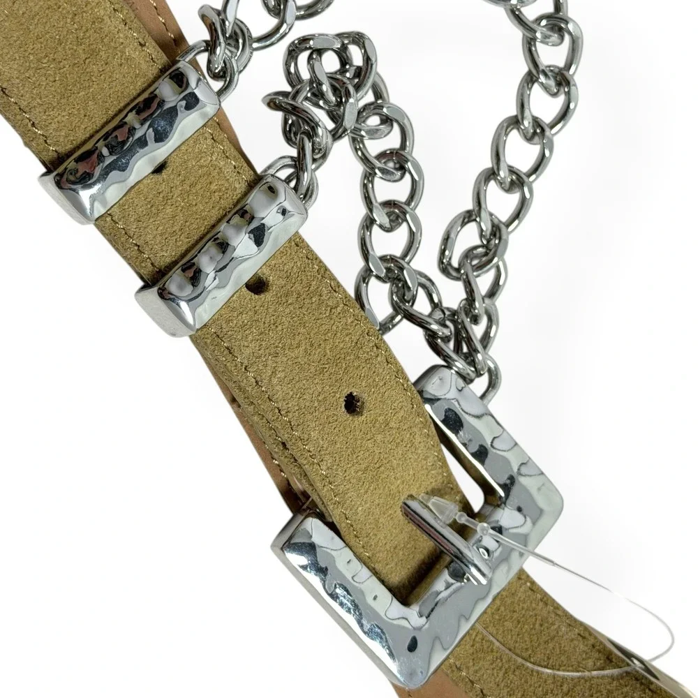 NWT Anthropologie‎ Double Chain Belt XL Taupe Suede Silver Hammered Buckle